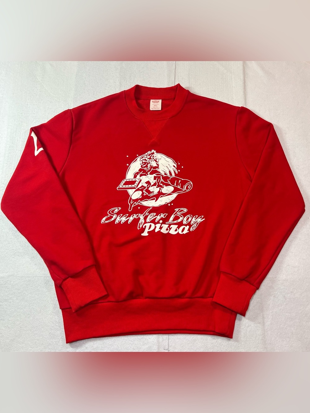 PacSun x Stranger Things Men’s 4 Red Surfer Boy Pizza Crewneck Sweatshirt,Small